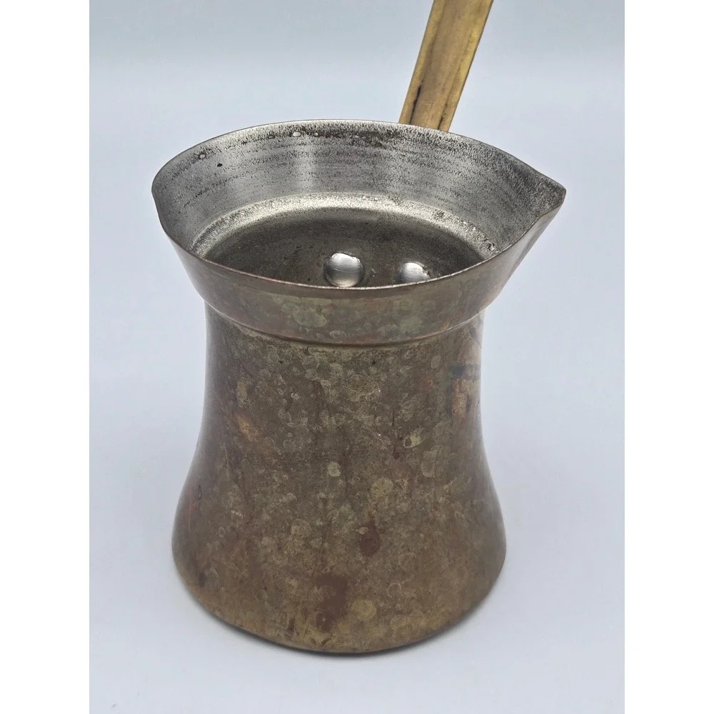 Vintage Brass Turkish Coffee Pot Ibrik Tin-Lined Brass Handle Deep Patina Rustic